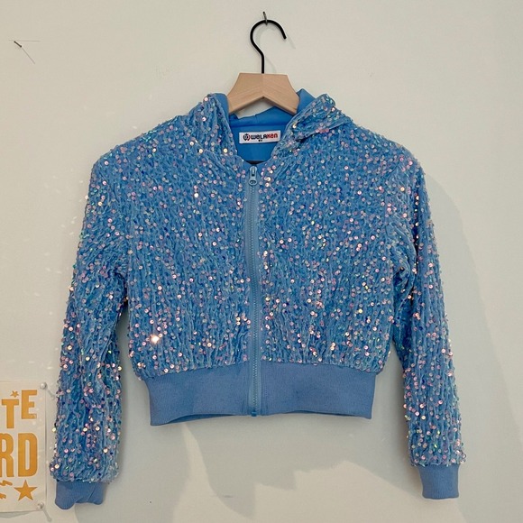 Girls Sequined Zip Up Hoodie WeLakken Age 8Y Blue Sparkly Jacket - Picture 3 of 12